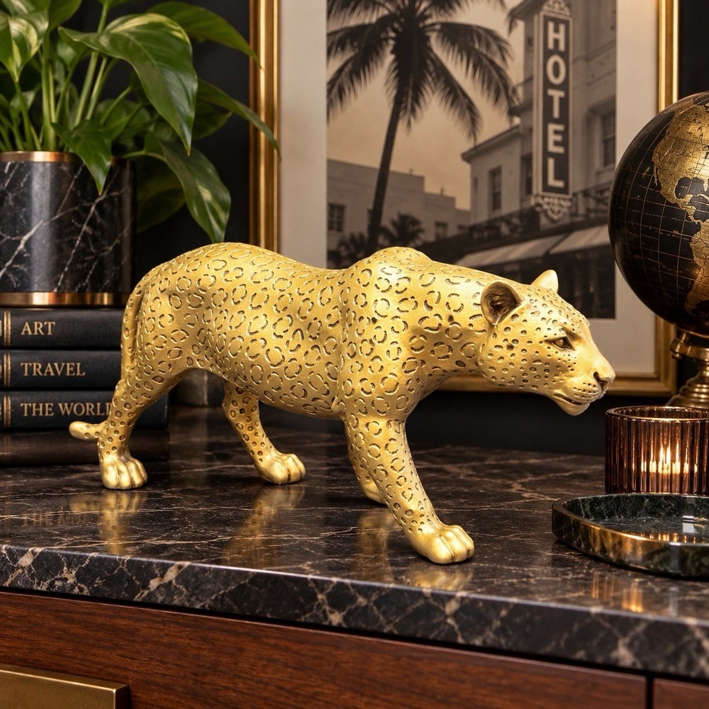 Gold Stalking Leopard Statue Decor 12" Tiger Cheetah Safari, Hollywood Style